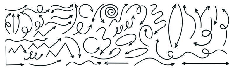 Hand Drawn linear Arrow. isolate doodles. Vector illustration. Concept curved and outright, pointer symbols for web design, mobile apps, decoration