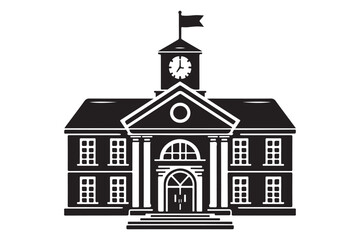 School building with clock and flag flat icon
