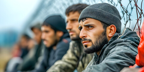 Fototapeta premium Group of men near a barbed wire fence, with a focused look on the man in the foreground wearing a beanie