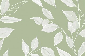 Padrão contínuo (seamless pattern) de folhas estilizadas em tons de verde com linhas delicadas em branco, criado com IA generativa.