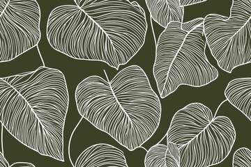 Padrão contínuo (seamless pattern) de folhas estilizadas em tons de verde com linhas delicadas em branco, criado com IA generativa.