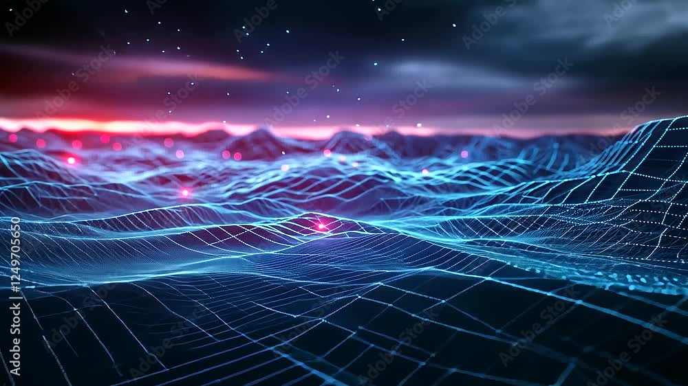 Aufkleber a futuristic digital landscape with a glowing blue grid stretching into the distance, illuminated by
