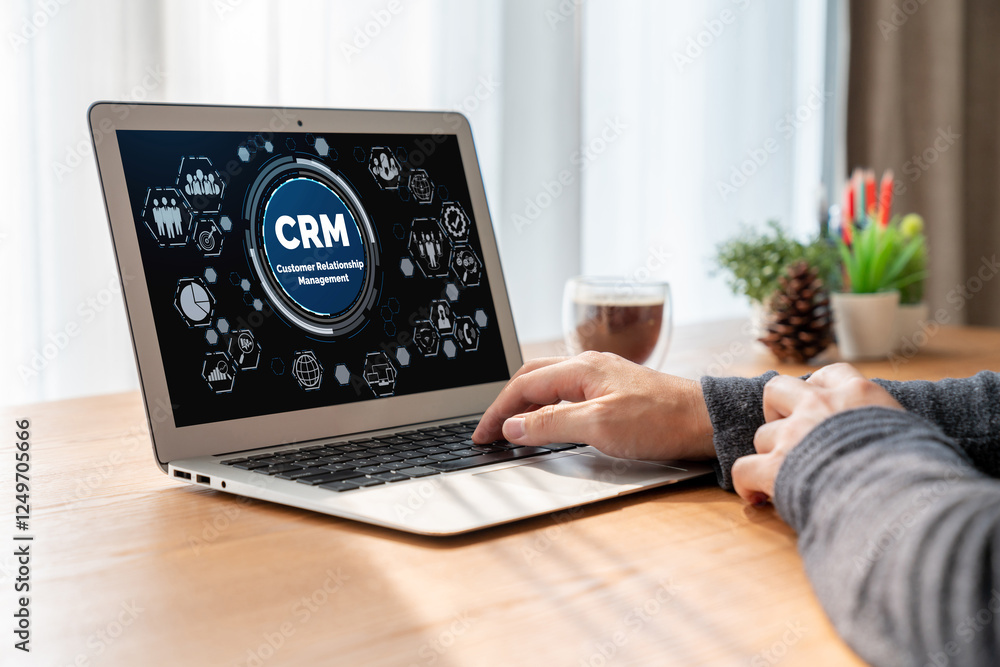 Poster customer relationship management system on modish computer for crm business and enterprise