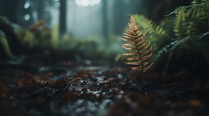 Single brown fern sprout in misty forest.