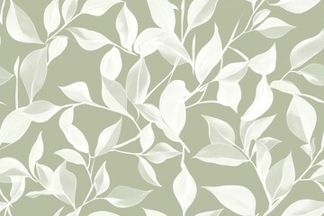 Padrão contínuo (seamless pattern) de folhas estilizadas em tons de verde com linhas delicadas em branco, criado com IA generativa.