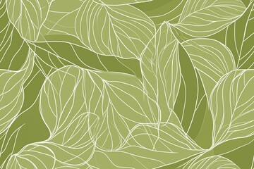 Padr&atilde;o cont&iacute;nuo (seamless pattern) de folhas estilizadas em tons de verde com linhas delicadas em branco, criado com IA generativa.