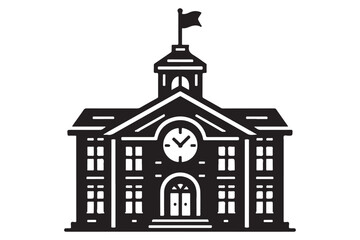 School building with clock and flag flat icon