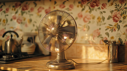 Vintage Fan In Sunny Kitchen With Floral Wallpaper