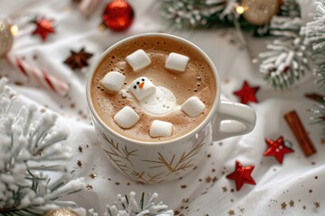 Red mug with hot chocolate, marshmallow snowman, cinnamon stick, Christmas lights