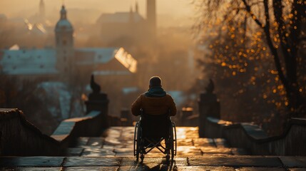 Fototapeta premium Fortaleza y Alegría: Persona con Discapacidad en silla de Ruedas Disfrutando la Naturaleza y la Vida.