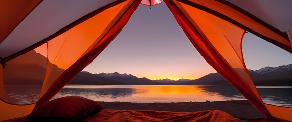 A mesmerizing view through a tent flap showcasing fiery red and orange hues of a sunset over a crystal clear lake with distant mountains