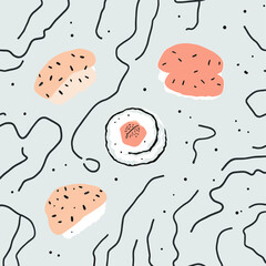 Six sushi rolls, each with a unique shape and color, arranged in a circular formation against a light blue background with black lines. Vector patterns, random pattern