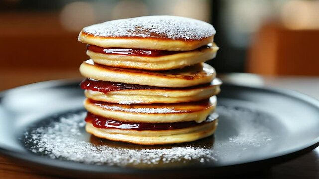 Close up view of stacked dorayaki pancakes, filled with sweet red bean paste and topped with powdered sugar. The pancakes are light golden brown, and the red bean filling is visible between each