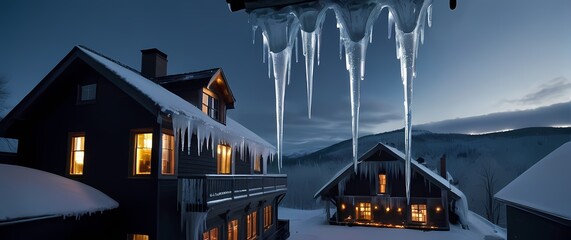 A mesmerizing scene of glistening icicles hanging from rooftops enchanting viewers with winters delicate artistry during the season