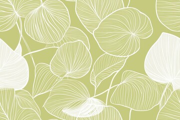 Padrão contínuo (seamless pattern) de folhas estilizadas em tons de verde com linhas delicadas em branco, criado com IA generativa.