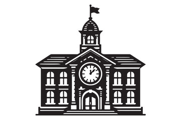 School building with clock and flag flat icon