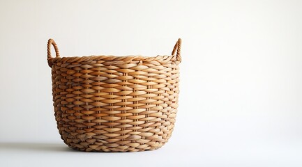 Obraz premium Decorative wicker basket on a white background, isolated for your design or text, close-up product photography with detailed texture