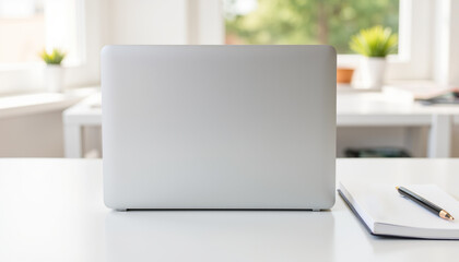 Laptop Mockup on desk with notebook and pen in bright office