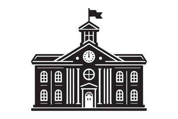 School building with clock and flag flat icon