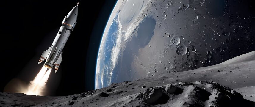 A magnificent space rocket perched on the moons surface with the Earth glowing beautifully in the deep star studded void overhead