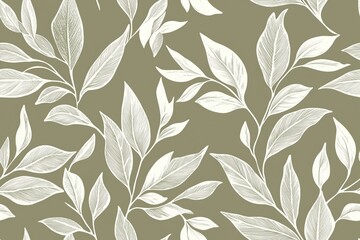 Padr&atilde;o cont&iacute;nuo (seamless pattern) de folhas estilizadas em tons de verde com linhas delicadas em branco, criado com IA generativa.