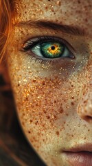 Dreamy Close-Up of Eye with Sparkling Freckles and Fiery Iris Capturing the Magic of Unique Beauty