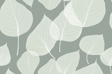 Obraz premium Padrão contínuo (seamless pattern) de folhas estilizadas em tons de verde com linhas delicadas em branco, criado com IA generativa.