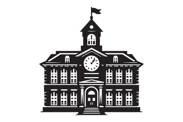 School building with clock and flag flat icon