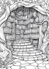 Enchanted Library Coloring Page