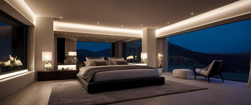 A luxurious bedroom area aglow with soft ambient lighting sleek furnishings and breathtaking views of the modern villas vast landscape
