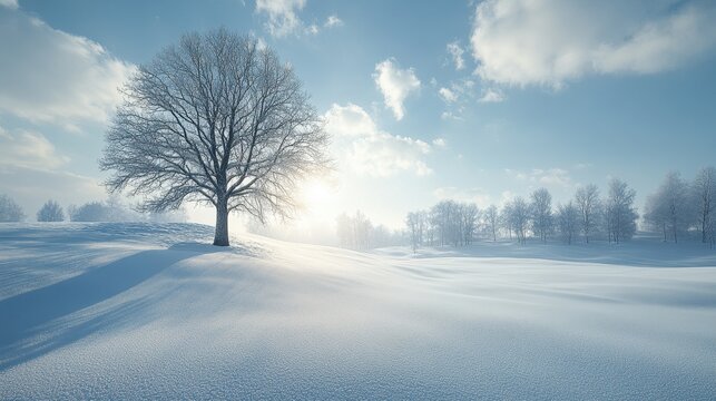 Winter sunrise, snow-covered field, lone tree, frosty forest background; nature calendar