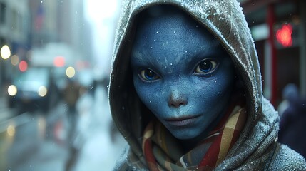 A detailed view of an electric blue extraterrestrial with large blue eyes