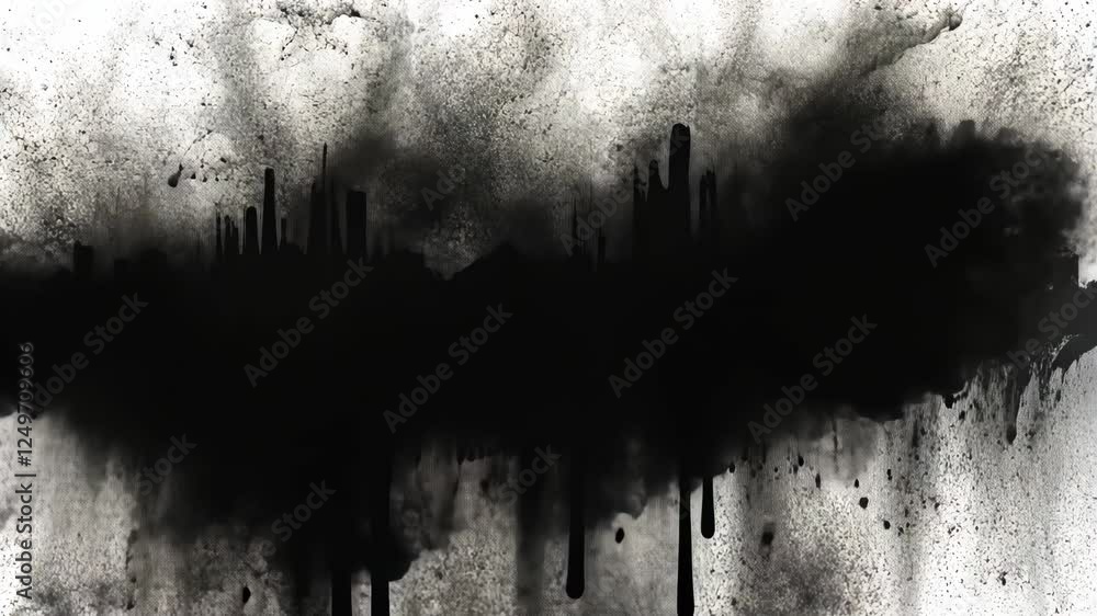 Poster abstract monochrome design featuring black ink splashes and textures on a white background creating 