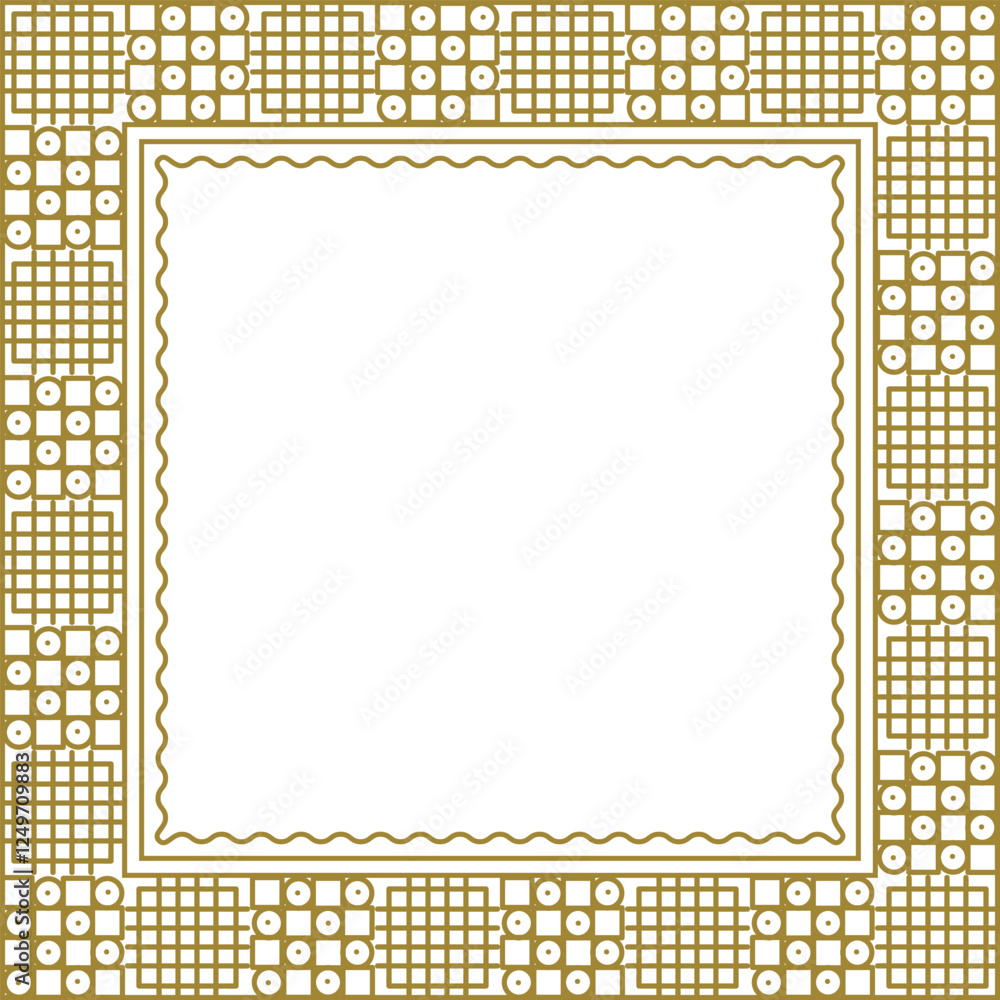 Poster square golden frame with geometric pattern and additional wavy outline. vector illustration