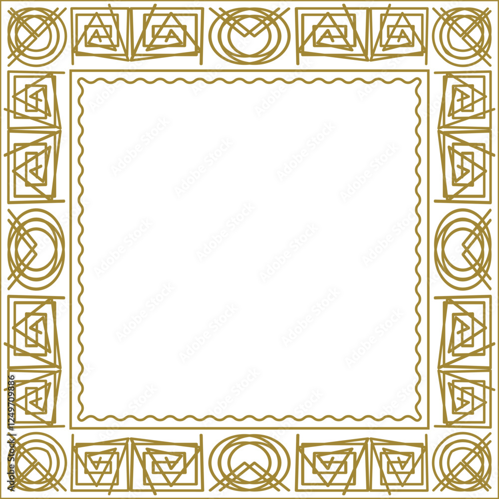 Poster square golden frame with geometric pattern and additional wavy outline. version 5. vector illustrati