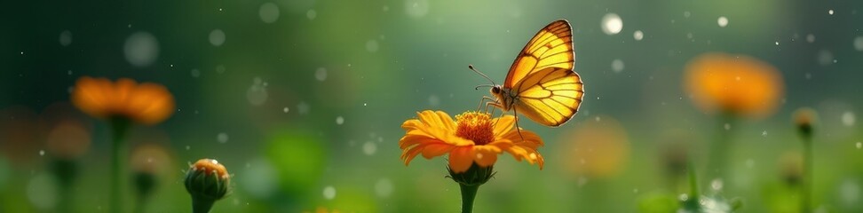 Obraz premium Delicate butterfly lands on a rain-soaked wildflower , water, woods