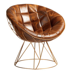 The brown leather chair is on top of the gold metal frame and has an iron wire base with legs that have been designed to look like lounge seat. Transparent background