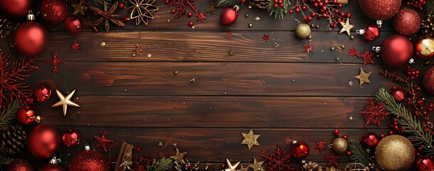 Christmas background with gifts, toys, ball, tree branches, New Year decor on old wooden background. Frame with free space. Merry Christmas greeting card