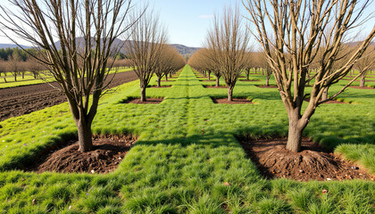 Tree-lined rows on a sunny day