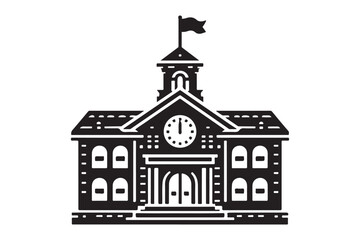 School building with clock and flag flat icon