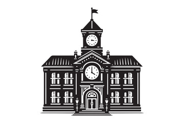 School building with clock and flag flat icon