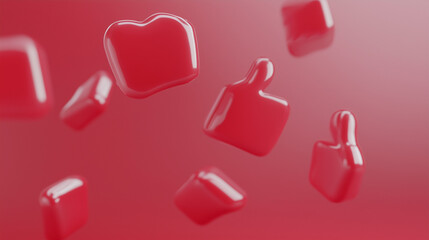 A dynamic 3D rendering of red social media notification icons, such as like, comment, and follow icons, falling against a vibrant background.