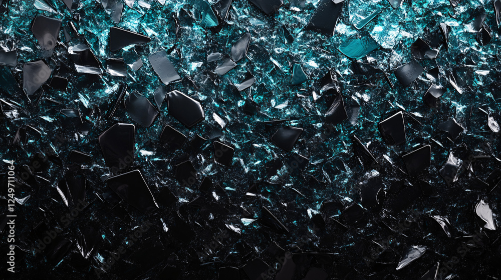 Poster a detailed close-up of crushed glass fragments with sharp edges in deep blue tones reflecting light 