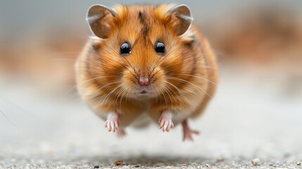 A cute hamster is leaping and curious, gazing at the camera