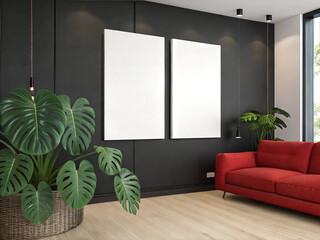 Canvas Mockup in Modern Living Room with Green Plants. Red Sofa and Two Blank Canvases. Two Vertical Poster Mockup