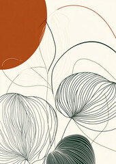minimalist boho poster, line art, simple shapes, arcs and circles, lines, dots, swirls, earth tones, green plant leaf,