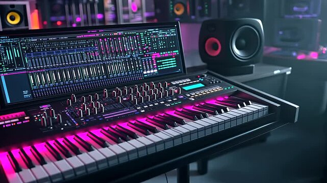 An atmospheric electronic music production room with a neon-lit MIDI keyboard, glowing faders on a professional mixing console, and massive studio monitors for an immersive experie