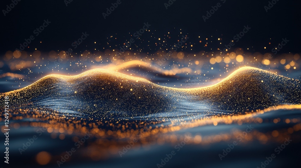 Poster golden particles wave, dark background, abstract technology, data visualization