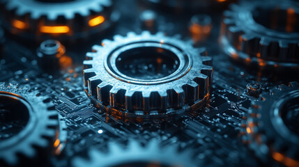Close-up of metallic gears and circuits in blue light, symbolizing technological innovation, precision, and industrial machinery with a futuristic touch and space for text