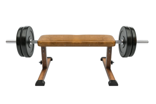 Flat bench press with clean lines, weights stacked on both sides, ready for a powerful workout isolated on transparent background